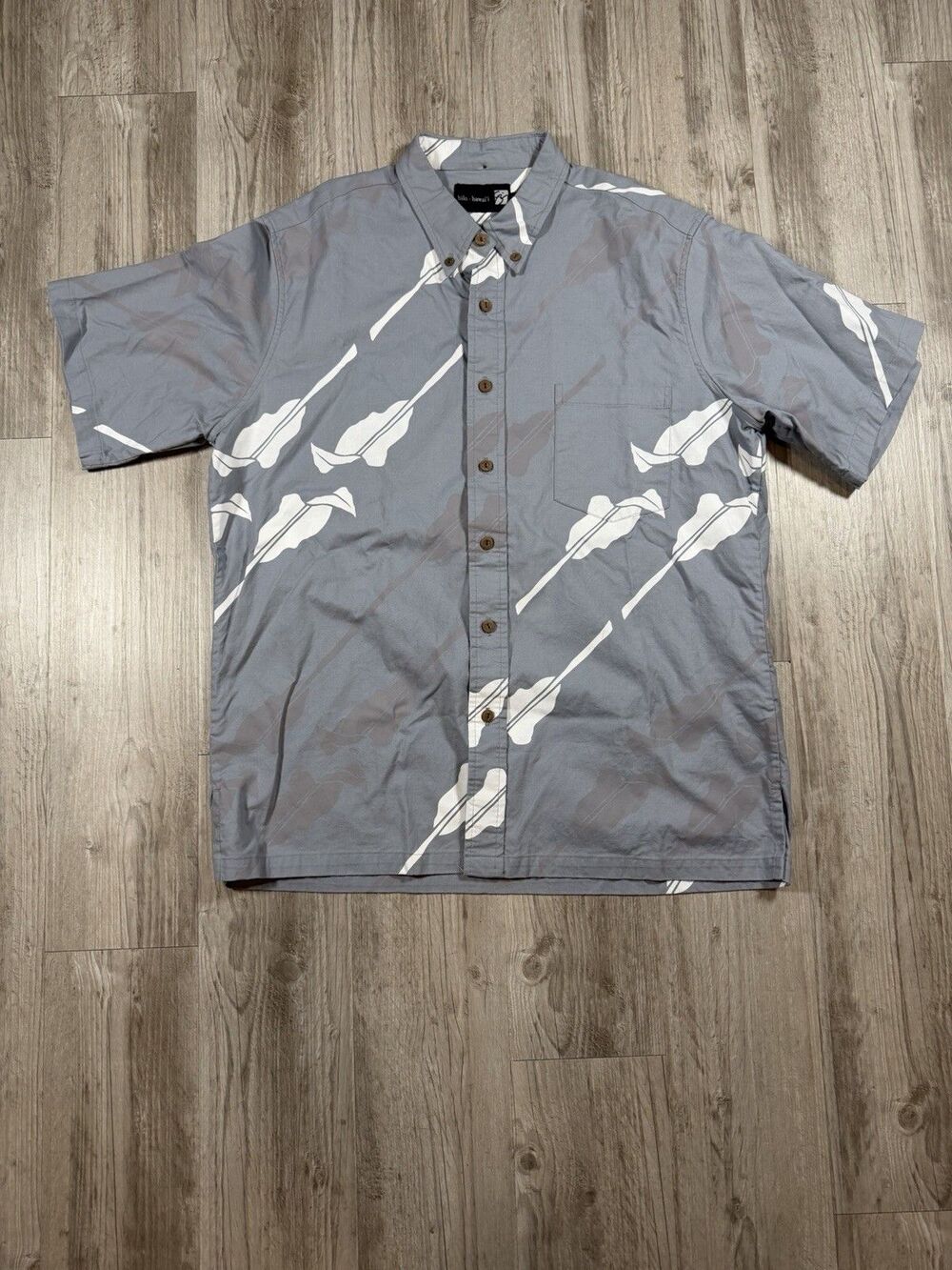 Sig Zane Designs E Ola Koa Button Down Aloha Shirt Large L Gray White Hawaii